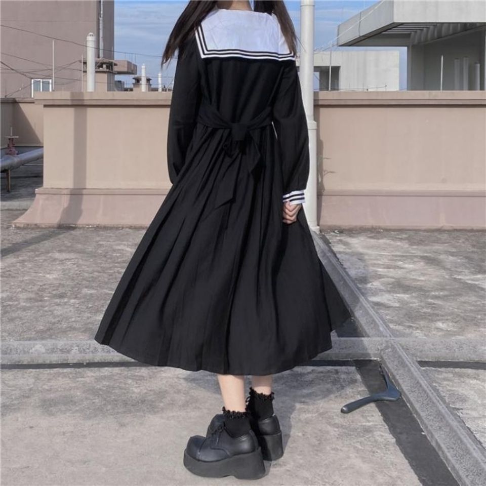 Navy collar dress women's spring new Korean version loose waist slimming Japanese college style long skirt graduation dress