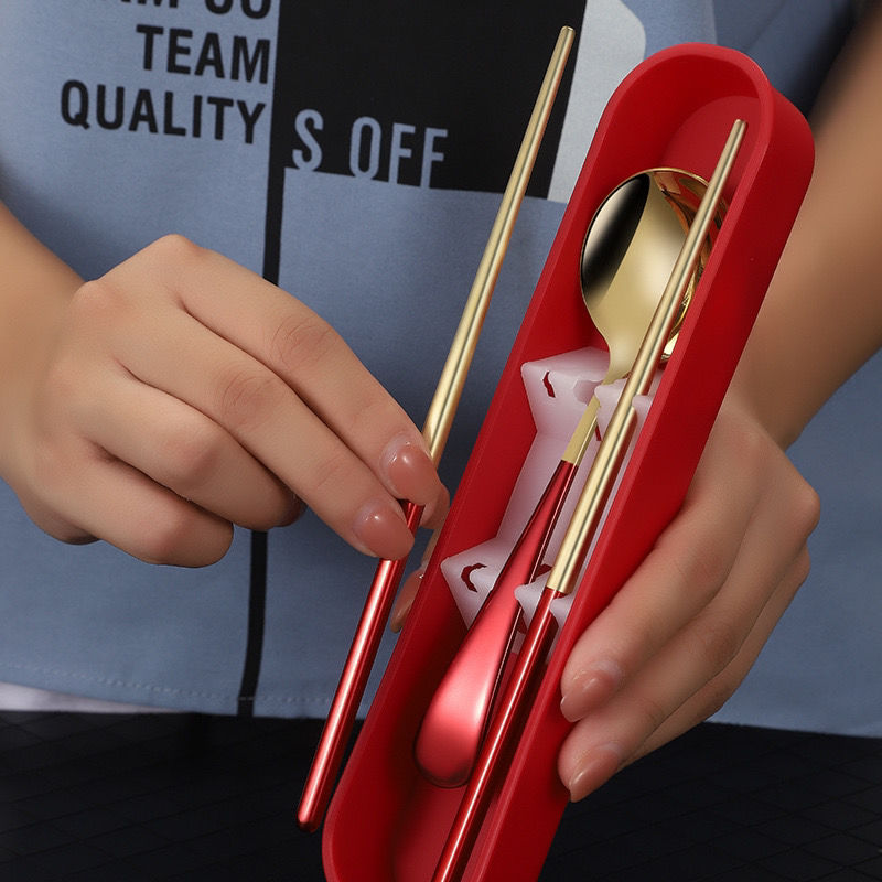 食品级304不锈钢勺筷二件套镀钛金网红勺子筷子套装旅行便携餐具