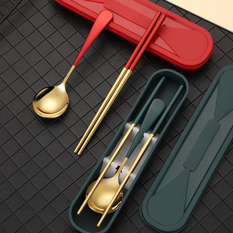 食品级304不锈钢勺筷二件套镀钛金网红勺子筷子套装旅行便携餐具