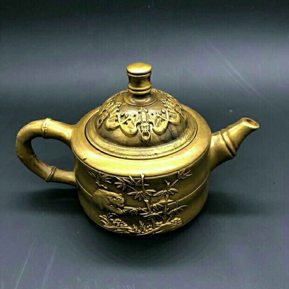 古董古玩大清乾隆年制纯铜茶壶熊猫竹子铜茶壶酒壶铜壶