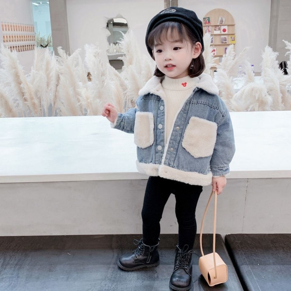 Girls' denim coat with plush denim fall / winter 2020 new children's foreign style thickened top baby jacket winter fashion