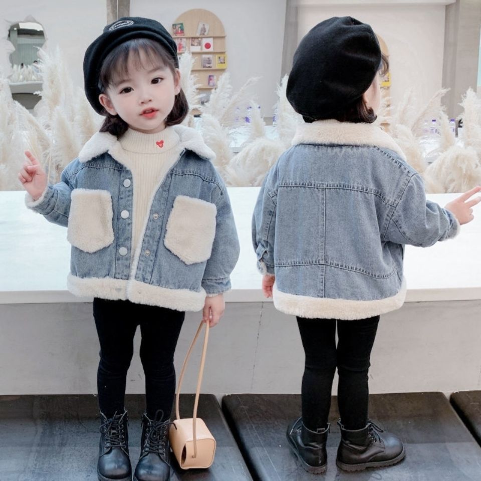 Girls' denim coat with plush denim fall / winter 2020 new children's foreign style thickened top baby jacket winter fashion