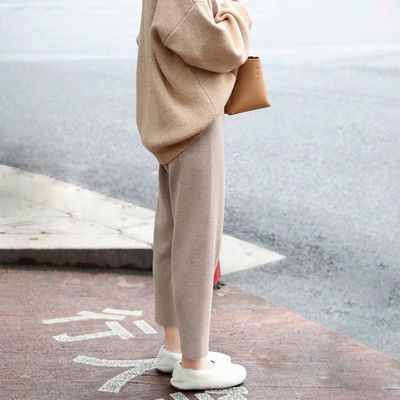 93074/140小个子八分毛呢奶奶裤女秋冬xs矮个子150cm七分坠感针织哈伦裤