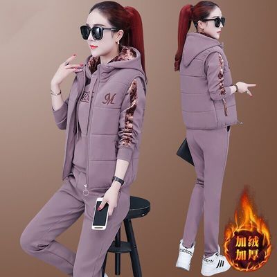 61707/大码加绒加厚运动服套装女秋冬2021新款休闲三件套冬季时尚套装女