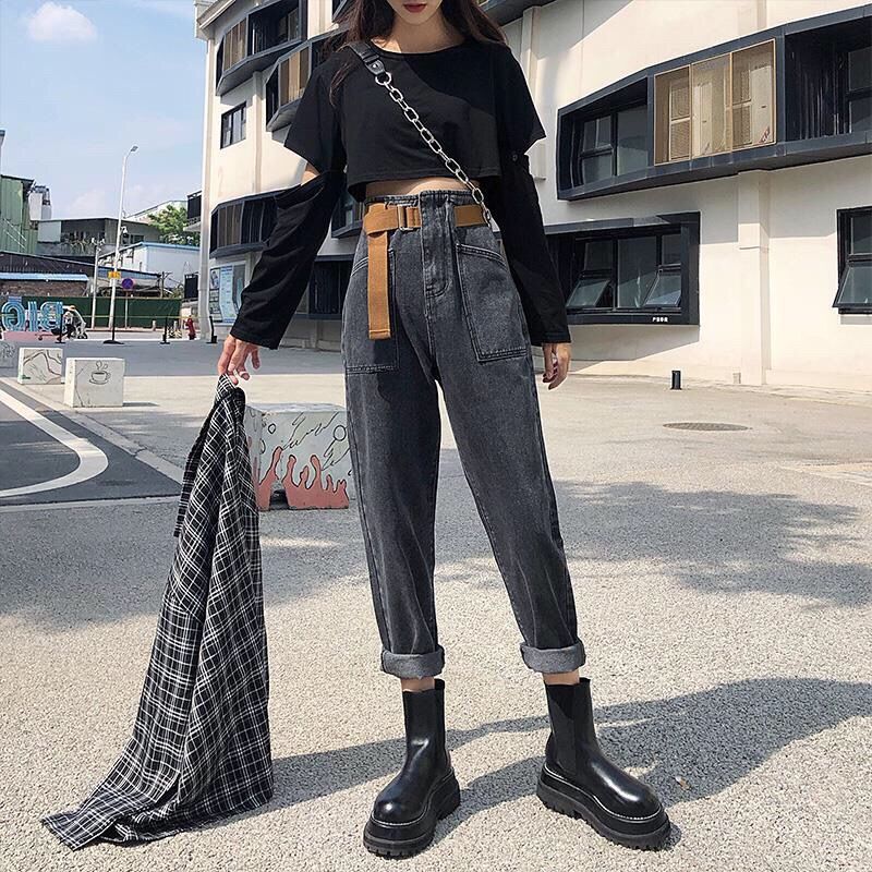 烟灰色牛仔裤女2020秋季新款大码胖mm显瘦显高宽松哈伦老爹裤