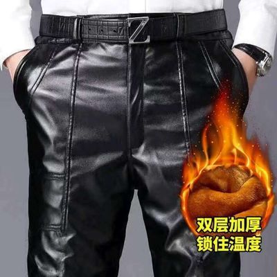 秋冬款皮裤男加绒加厚防水防油防风骑行pu裤高腰宽松中老年皮裤子