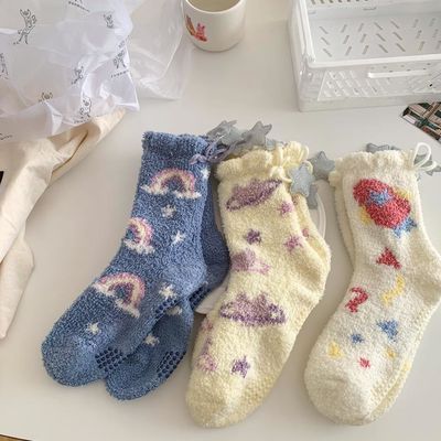 128411/韩国ins风可爱少女冬季加厚保暖星星挂坠珊瑚绒地板袜子睡眠袜女