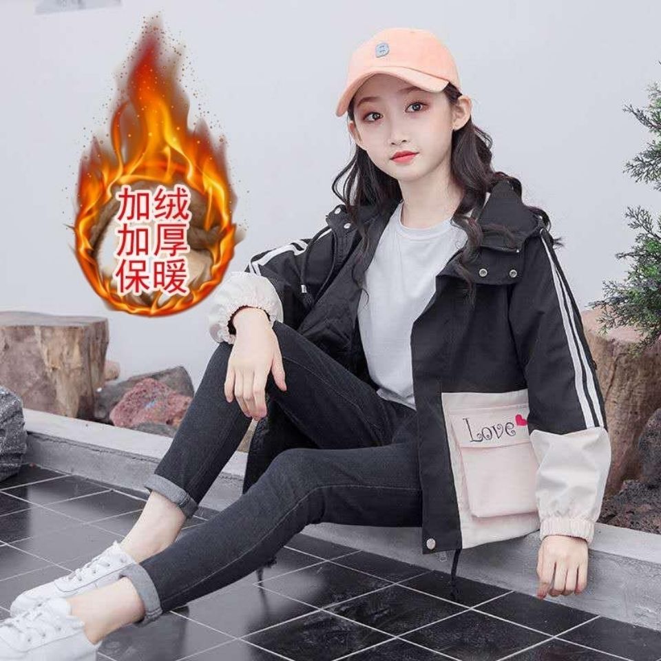 Plush thickened 2020 new girls' spring and autumn windbreaker coat Big Girl Korean version 12 foreign style 13 fashionable