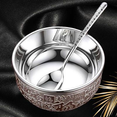 新款高档百福银碗三件套银筷子银勺子银质餐具礼盒套装摆件