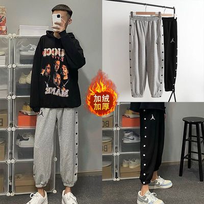92832/秋冬季加绒裤子男学生韩版网红同款潮牌排纽九分裤休闲宽松束脚裤