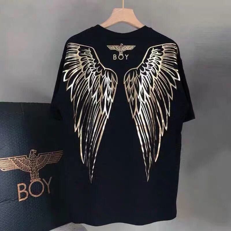 Summer trendy boy back gilded eagle wings printed short sleeve T-shirt for men and women