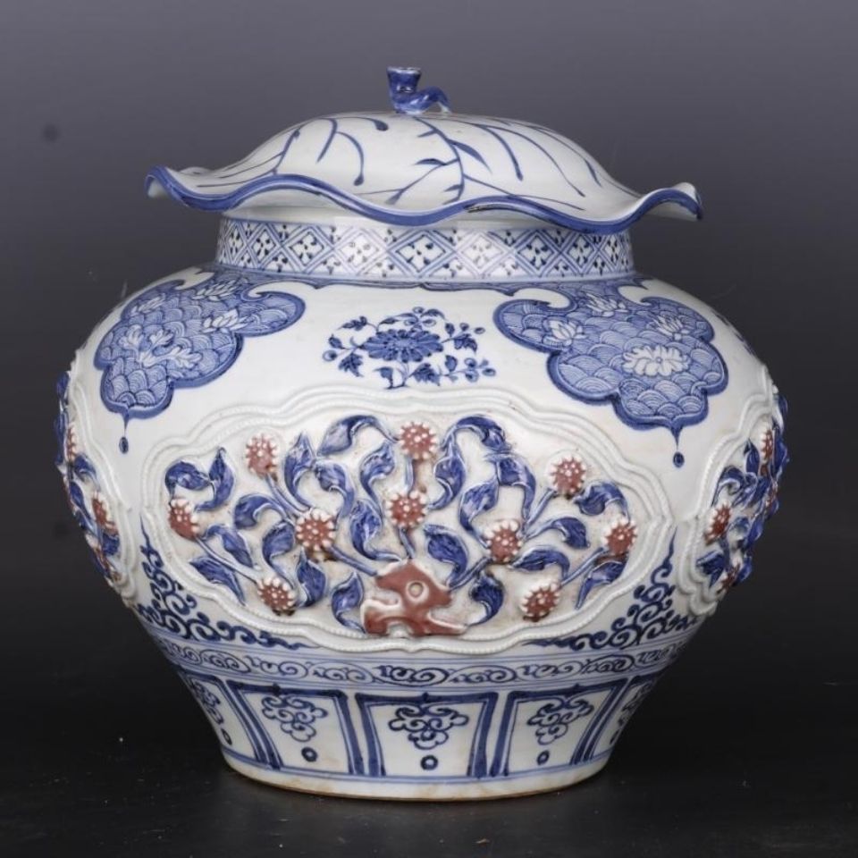 元青花釉里红捏花花纹盖罐手工家居中式瓷器摆件古董古玩收藏 虎窝拼