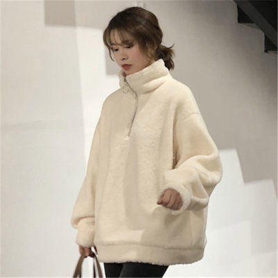 仿羊羔毛加绒加厚套头卫衣女2020新款秋冬季韩版学生宽松拉链外套