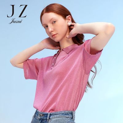 JUZUI/玖姿秋季新款翻领趣味烫钻时尚潮流女针织衫