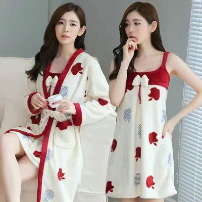 74742/秋冬季珊瑚绒睡衣女士长袖加厚法兰绒睡袍睡裙两件套装浴袍家居服