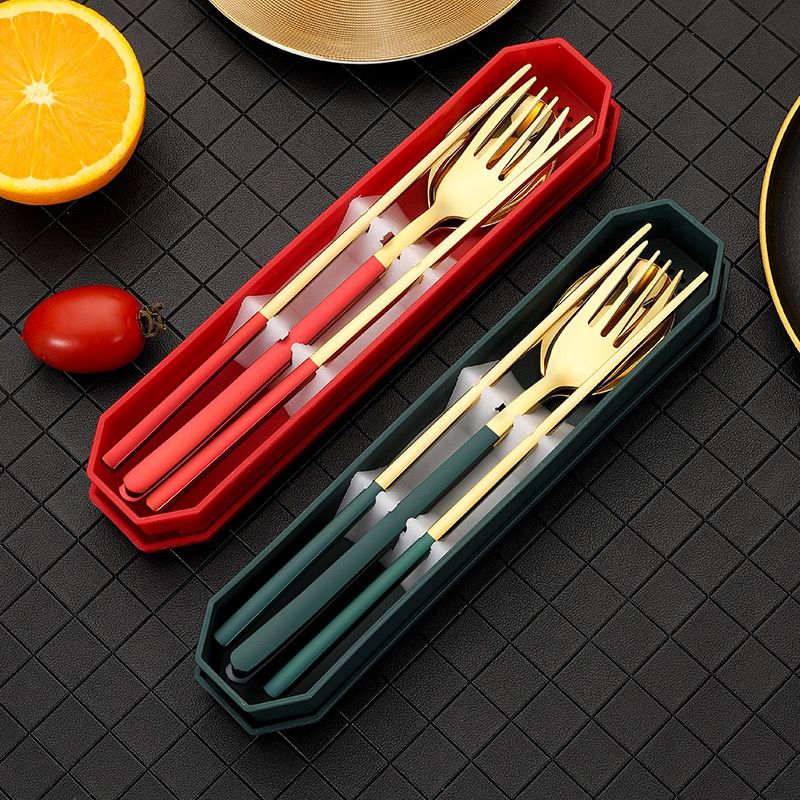 食品级304不锈钢叉勺筷餐具韩式镀钛金网红勺筷套装便捷旅行餐盒