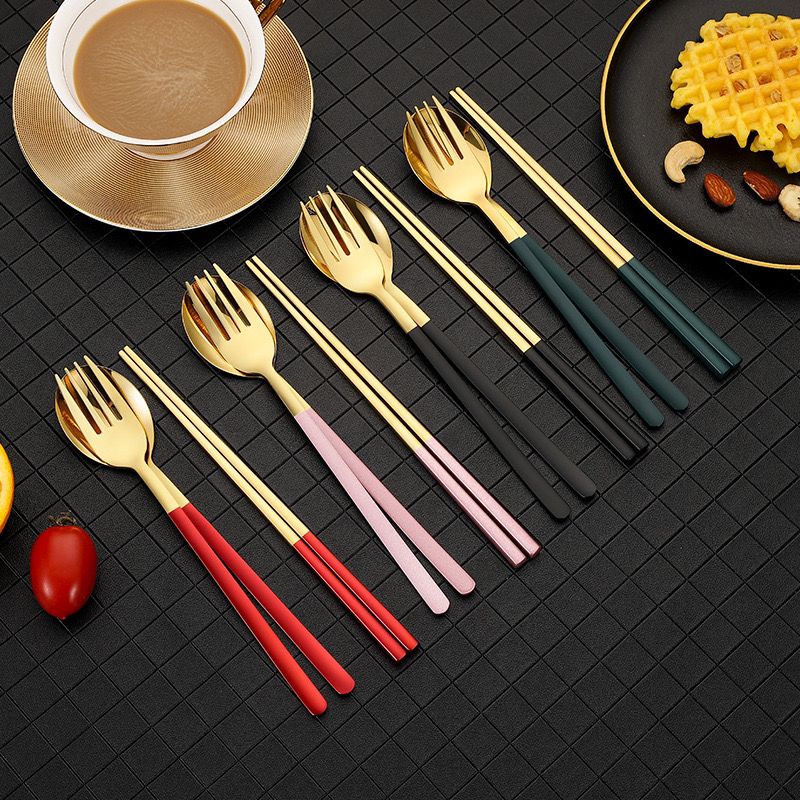 食品级304不锈钢叉勺筷餐具韩式镀钛金网红勺筷套装便捷旅行餐盒