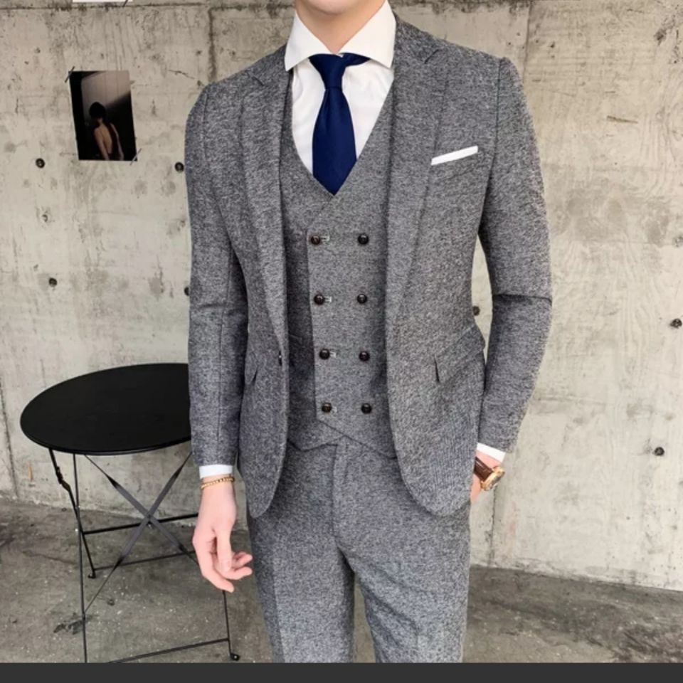 秋冬韩版男士修身个性人字纹西服套装三件套