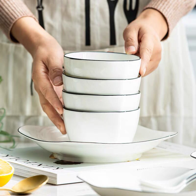 Nordic simple ceramic eating bowl personalized household creative square bowl set Japanese tableware rice bowl single
