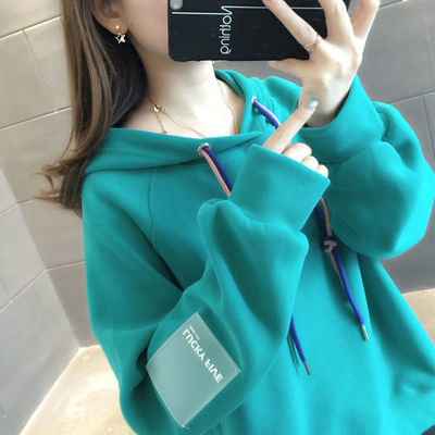 72222/韩国纯色加绒卫衣女士秋冬新款宽松加厚卫衣棒球服学生外套