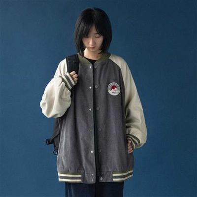 66623/春秋新款韩版原宿风BF宽松学生字母拼色棒球服灯芯绒外套女夹克潮