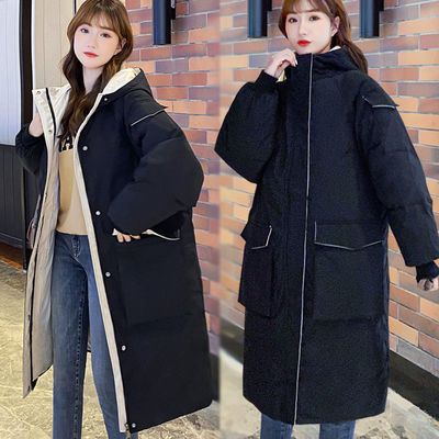 71662/羽绒棉服女中长款棉袄2021冬季新款宽松大码连帽加厚保暖棉衣外套