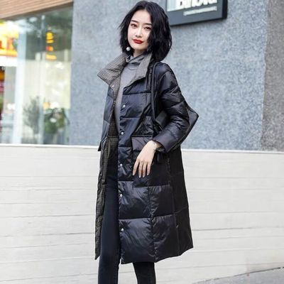 两面穿白鸭羽绒服女中长款2020年新款冬外套休闲立领长袖过膝大码