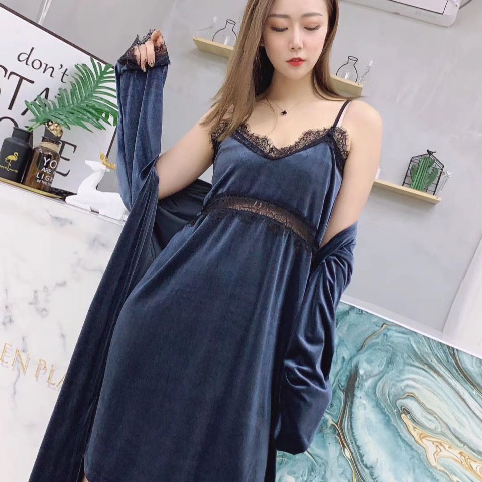 Winter gold velvet long-sleeved nightdress women's plus fat plus strap nightgown two-piece sexy home service pajamas