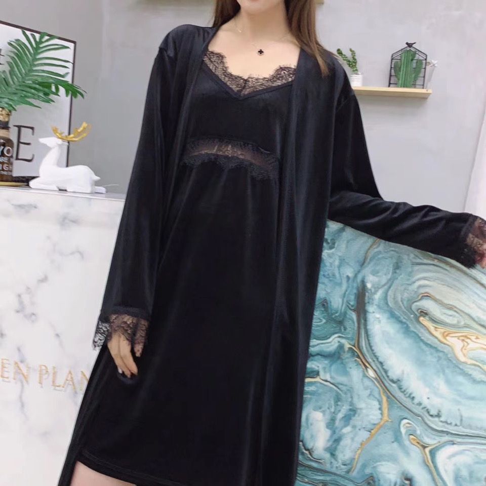 Winter gold velvet long-sleeved nightdress women's plus fat plus strap nightgown two-piece sexy home service pajamas