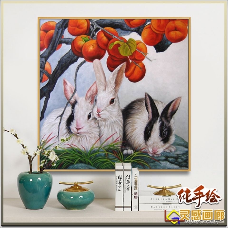 纯手绘动物装饰画兔子油画客厅卧室玄关餐厅过道走廊挂画生日送礼