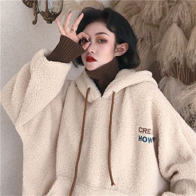 秋冬新款韩版加绒加厚仿羊羔绒卫衣女士宽松羊毛羔外套开衫ins潮