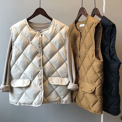 秋冬棉棉马甲女短款棉背心菱形格棉服外套外穿韩版百搭马夹坎肩