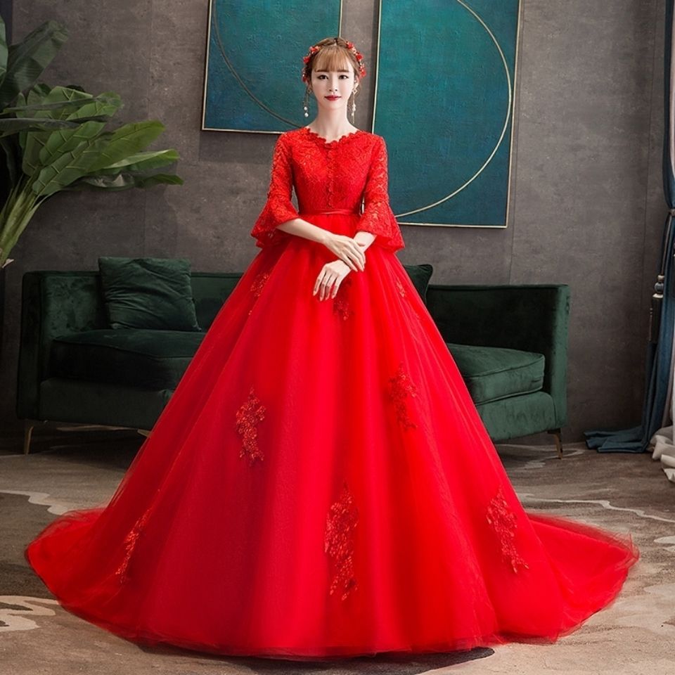 红色新娘结婚遮粗手臂拖尾大码胖mm显瘦孕妇高腰梦幻复古遮肚婚纱