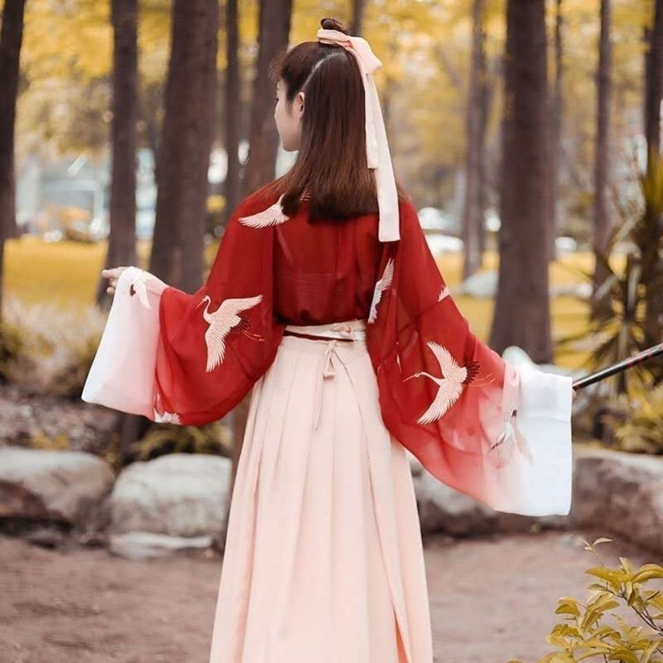 汉服女学生古装长款齐腰襦裙汉唐仙鹤中国风全套闺蜜日常可穿秋装
