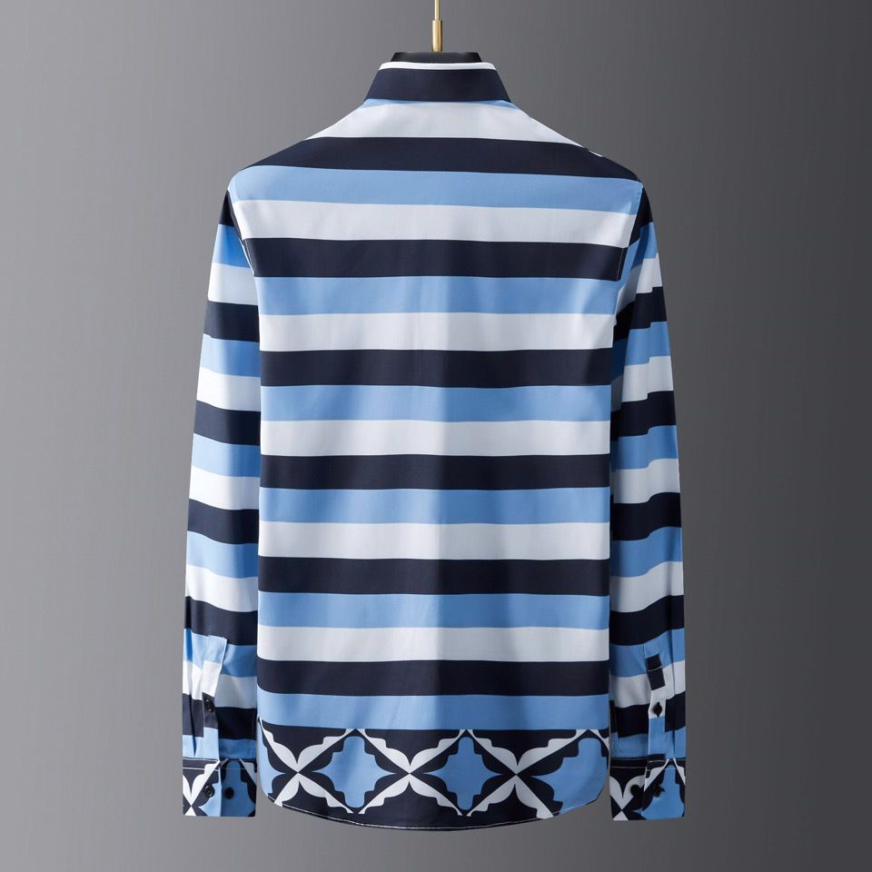 秋冬潮牌蓝白黑横条纹海洋印花男士长袖衬衫修身潮男夜店休闲衬衣