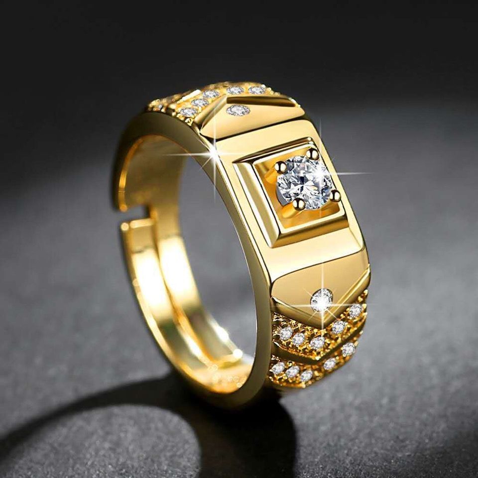 925开口戒指 男士霸气贵族白金韩版竖钻仿个性莫桑钻男指环银饰品