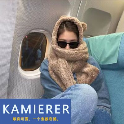 Jennie同款小熊围巾帽子一体女秋冬毛绒加厚保暖可爱围脖套装学生