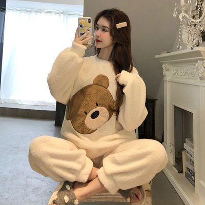 睡衣女冬加厚加绒韩版新款可爱小熊珊瑚绒套装家居服可外穿两件套