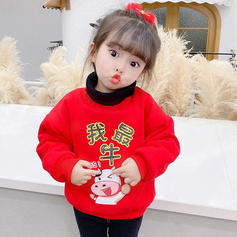 Girls' sweater thickened new children's winter high collar warm top red new year's Pullover