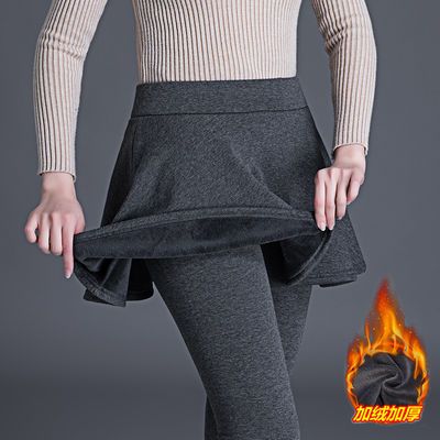 105914/加绒打底裤女外穿假两件裤裙冬季高腰大码加厚保暖黑色纯棉小脚裤