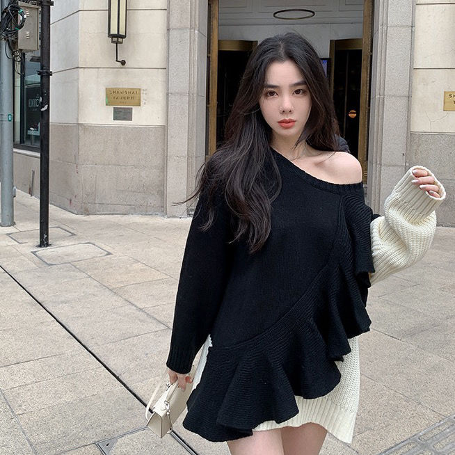 Autumn and winter new irregular stitching thin knitted dress lazy loose contrast Ruffle sweater