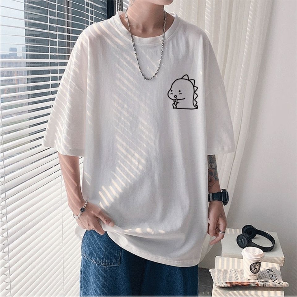 短袖男t恤小恐龍印花圓領寬鬆衣服夏季潮流半袖T大碼體恤上衣男裝