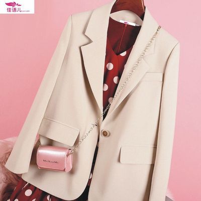 12303/2021春秋新款米色西装外套女韩版休闲英伦风西服宽松显瘦西装外套
