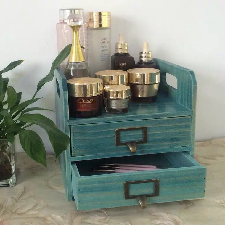 创意化妆品收纳盒 抽屉式首饰储物梳妆盒 木质桌面收纳盒 整理盒