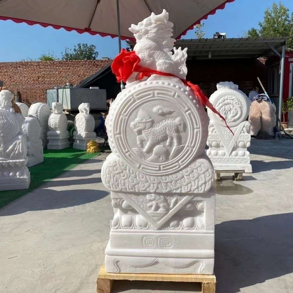石雕汉白玉门墩抱鼓石一对家用镇宅招财石狮子貔貅麒麟门鼓石摆件