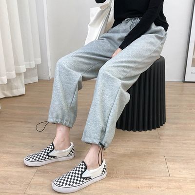 73531/运动裤休闲直筒裤灰色秋冬口袋显瘦长裤女韩版宽松卫裤阔腿裤束脚