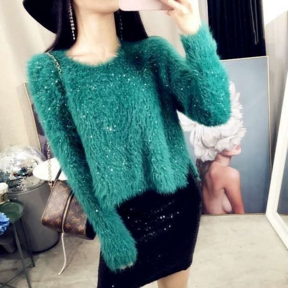 闪闪亮丝针织衫2021新款秋冬外穿显瘦宽松仿水貂亮丝毛衣短外套女拼团