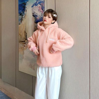 羊羔绒毛卫衣女套头可爱2020年冬宽松中长款连帽加厚颗摇粒绒外套