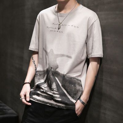 100%纯棉新款ins风t恤男士韩版潮流休闲中青年学生短袖体恤夏装