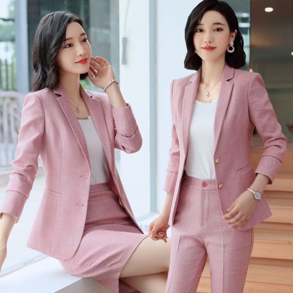 單件/套裝格子粉色西裝套裝女職業時尚氣質正裝千鳥格西服工作服